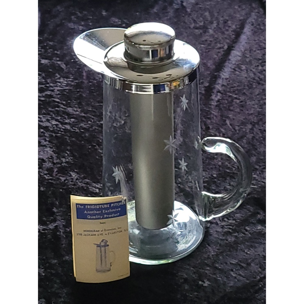Vtg MCM Frigidtube Atomic Starburst Pitcher Etched Glass Ice Hand Blown Carafe